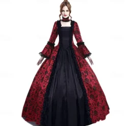 Rococo Victorian 18th Century Floor Length Dress Flare Cuff Sleeve Plus Size Geometric Ball Gown Fancy Dress Royal Christmas Halloween Carnival Party Prom Carnival of Venice Adults' All Seasons