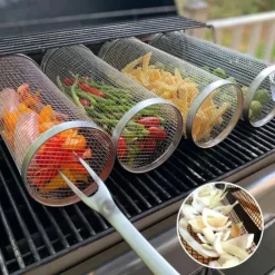 Rolling Grill Basket - SUS304 Stainless Steel Barbecue Cooking Grill Grate - Outdoor Round BBQ Campfire Grill Grid - Camping Picnic Cookware
