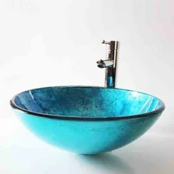 Round Artistic Vanity Basin Sink Bathroom Vessel Tempered Glass Bowl 16.5 inch, Art Wash Basin Mixer Faucet Set with Pop-up Drain, Boat Shape Countertop Above Counter Washroom