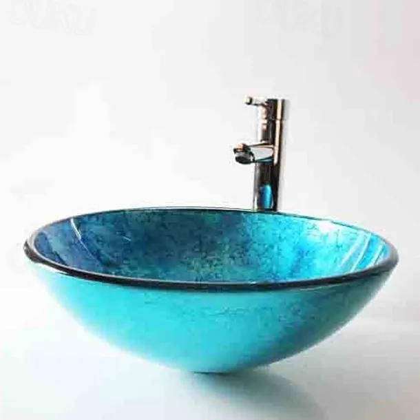 Round Artistic Vanity Basin Sink Bathroom Vessel Tempered Glass Bowl 16.5 inch, Art Wash Basin Mixer Faucet Set with Pop-up Drain, Boat Shape Countertop Above Counter Washroom