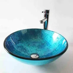 Round Artistic Vanity Basin Sink Bathroom Vessel Tempered Glass Bowl 16.5 inch, Art Wash Basin Mixer Faucet Set with Pop-up Drain, Boat Shape Countertop Above Counter Washroom