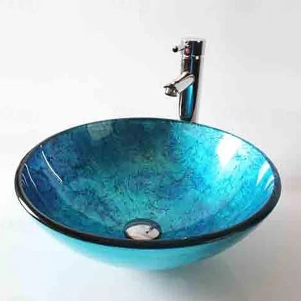 Round Artistic Vanity Basin Sink Bathroom Vessel Tempered Glass Bowl 16.5 inch, Art Wash Basin Mixer Faucet Set with Pop-up Drain, Boat Shape Countertop Above Counter Washroom