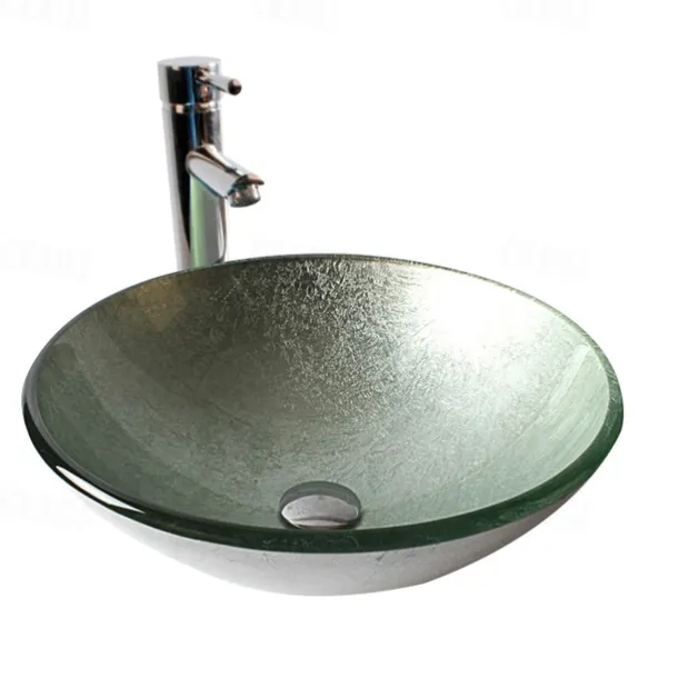 Round Artistic Vanity Basin Sink Bathroom Vessel Tempered Glass Bowl 16.5 inch, Art Wash Basin Mixer Faucet Set with Pop-up Drain, Boat Shape Countertop Above Counter Washroom