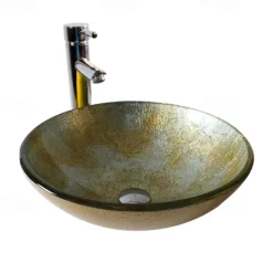 Round Artistic Vanity Basin Sink Bathroom Vessel Tempered Glass Bowl 16.5 inch, Art Wash Basin Mixer Faucet Set with Pop-up Drain, Boat Shape Countertop Above Counter Washroom