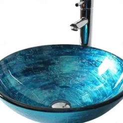 Round Artistic Vanity Basin Sink Bathroom Vessel Tempered Glass Bowl 16.5 inch, Art Wash Basin Mixer Faucet Set with Pop-up Drain, Boat Shape Countertop Above Counter Washroom
