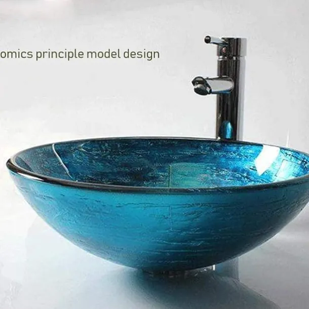 Round Artistic Vanity Basin Sink Bathroom Vessel Tempered Glass Bowl 16.5 inch, Art Wash Basin Mixer Faucet Set with Pop-up Drain, Boat Shape Countertop Above Counter Washroom