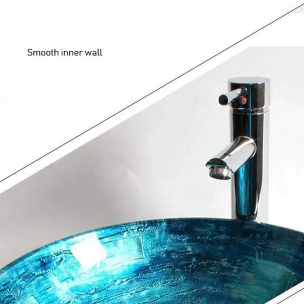 Round Artistic Vanity Basin Sink Bathroom Vessel Tempered Glass Bowl 16.5 inch, Art Wash Basin Mixer Faucet Set with Pop-up Drain, Boat Shape Countertop Above Counter Washroom