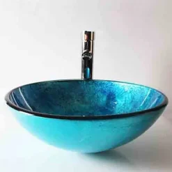 Round Artistic Vanity Basin Sink Bathroom Vessel Tempered Glass Bowl 16.5 inch, Art Wash Basin Mixer Faucet Set with Pop-up Drain, Boat Shape Countertop Above Counter Washroom