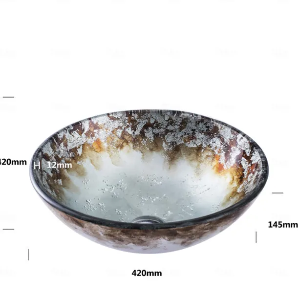 Round Bathroom Sink Set 16.5" X 5.7", Artistic Vanity Sink Bowl Golden Pattern Tempered Glass Finish Art Basin Above Counter Sink Brass Vessel Sink