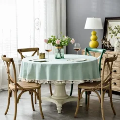 Round Tablecloth Rustic Fabric with Tassel,Tablecloths for Round Tables Wrinkle Free Stain Resistant Outdoor Table Cover for Party Dining Round Tablecloths