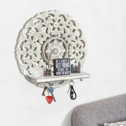 Rustic Whitewashed Wood Wall Shelves with Hooks Space-Saving Storage Decor for Bedroom, Entryway Jewelry Organizer, Key Holder