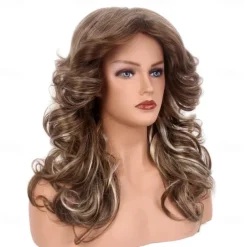 70s Brown Highlight Disco Wig Farrah Fawcett Wigs for Women Lady Natural Synthetic Full Wigs Vintage Cosplay Costume Hair Wig Halloween Wigs