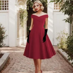 1950s Cocktail Dress Vintage Dress Dress A-Line Dress Tea Dress Flare Dress Women's Off Shoulder Costume Vintage Cosplay Homecoming Wedding Party Sleeveless Knee Length A-Line Dress