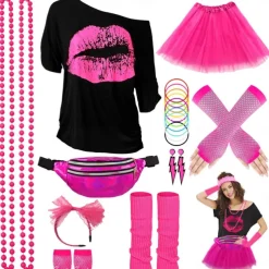 80s Costume Accessories for Women 1980s T-Shirt Tutu Fanny Pack Headband Earring Necklace Fishnet Gloves Legwarmers