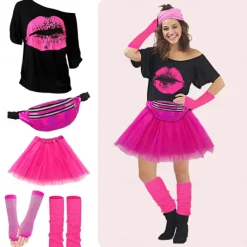 80s Costume Accessories for Women 1980s T-Shirt Tutu Fanny Pack Headband Earring Necklace Fishnet Gloves Legwarmers