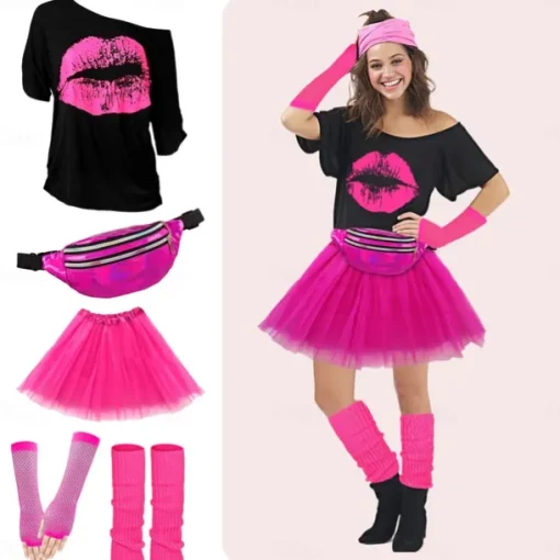 80s Costume Accessories for Women 1980s T-Shirt Tutu Fanny Pack Headband Earring Necklace Fishnet Gloves Legwarmers