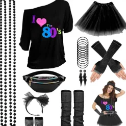 80s Costume Accessories for Women 1980s T-Shirt Tutu Fanny Pack Headband Earring Necklace Fishnet Gloves Legwarmers