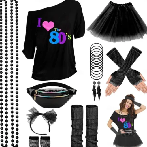 80s Costume Accessories for Women 1980s T-Shirt Tutu Fanny Pack Headband Earring Necklace Fishnet Gloves Legwarmers