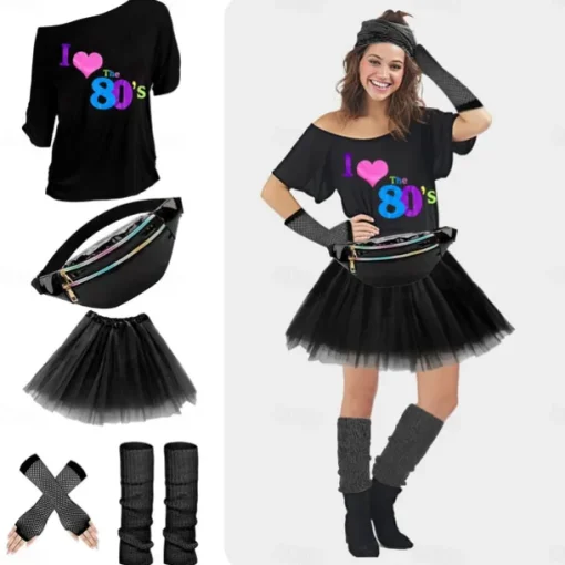 80s Costume Accessories for Women 1980s T-Shirt Tutu Fanny Pack Headband Earring Necklace Fishnet Gloves Legwarmers