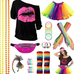80s Costume Accessories for Women 1980s T-Shirt Tutu Fanny Pack Headband Earring Necklace Fishnet Gloves Legwarmers
