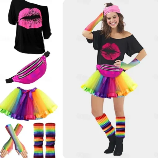 80s Costume Accessories for Women 1980s T-Shirt Tutu Fanny Pack Headband Earring Necklace Fishnet Gloves Legwarmers