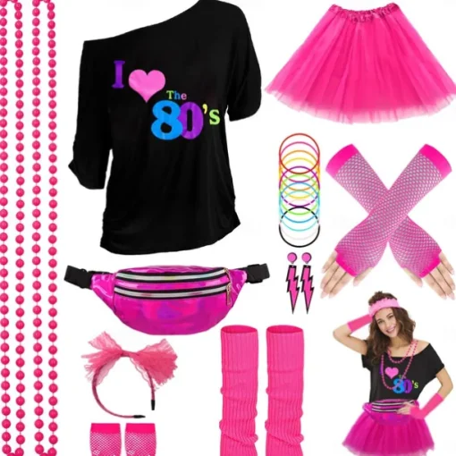 80s Costume Accessories for Women 1980s T-Shirt Tutu Fanny Pack Headband Earring Necklace Fishnet Gloves Legwarmers