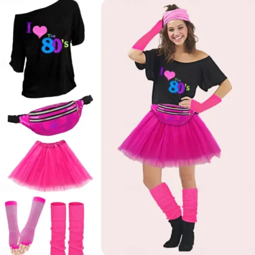 80s Costume Accessories for Women 1980s T-Shirt Tutu Fanny Pack Headband Earring Necklace Fishnet Gloves Legwarmers