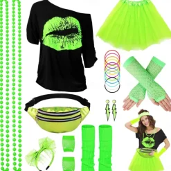 80s Costume Accessories for Women 1980s T-Shirt Tutu Fanny Pack Headband Earring Necklace Fishnet Gloves Legwarmers