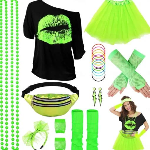 80s Costume Accessories for Women 1980s T-Shirt Tutu Fanny Pack Headband Earring Necklace Fishnet Gloves Legwarmers