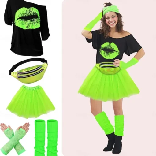 80s Costume Accessories for Women 1980s T-Shirt Tutu Fanny Pack Headband Earring Necklace Fishnet Gloves Legwarmers