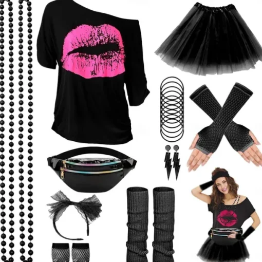 80s Costume Accessories for Women 1980s T-Shirt Tutu Fanny Pack Headband Earring Necklace Fishnet Gloves Legwarmers