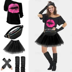80s Costume Accessories for Women 1980s T-Shirt Tutu Fanny Pack Headband Earring Necklace Fishnet Gloves Legwarmers