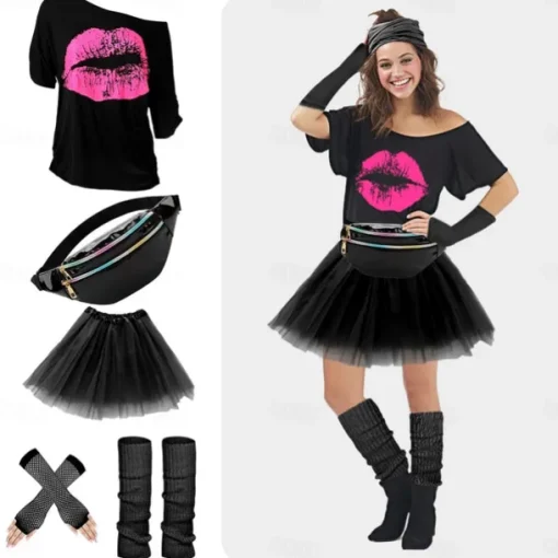 80s Costume Accessories for Women 1980s T-Shirt Tutu Fanny Pack Headband Earring Necklace Fishnet Gloves Legwarmers