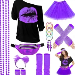 80s Costume Accessories for Women 1980s T-Shirt Tutu Fanny Pack Headband Earring Necklace Fishnet Gloves Legwarmers