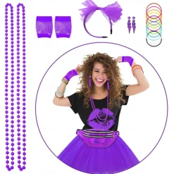 80s Costume Accessories for Women 1980s T-Shirt Tutu Fanny Pack Headband Earring Necklace Fishnet Gloves Legwarmers