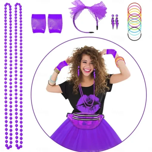 80s Costume Accessories for Women 1980s T-Shirt Tutu Fanny Pack Headband Earring Necklace Fishnet Gloves Legwarmers