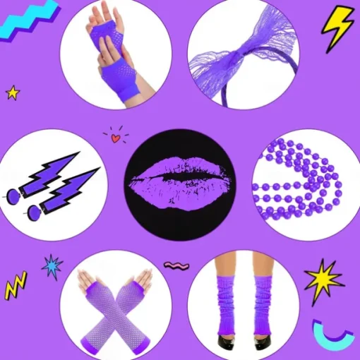 80s Costume Accessories for Women 1980s T-Shirt Tutu Fanny Pack Headband Earring Necklace Fishnet Gloves Legwarmers