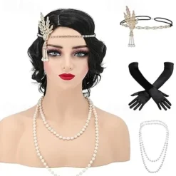 1920s Flapper Accessories Gatsby Costume Accessories Set for Women 20s Headpiece Pearl Necklace Gloves Holder