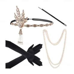 1920s Flapper Accessories Gatsby Costume Accessories Set for Women 20s Headpiece Pearl Necklace Gloves Holder