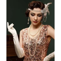 1920s Flapper Headband Feather Accessories Set for Women 4 PCS Roaring 20s Great Gatsby Faux Pearl Necklace Gloves Earrings Masquerade Halloween Carnival