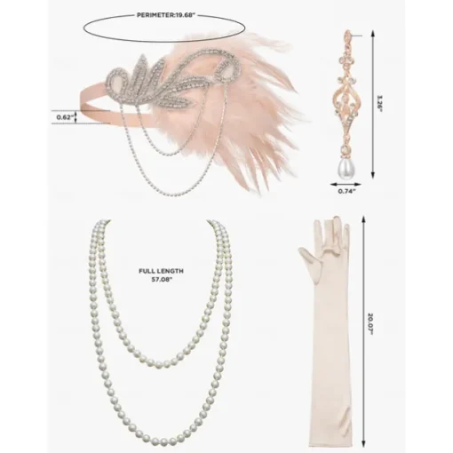 1920s Flapper Headband Feather Accessories Set for Women 4 PCS Roaring 20s Great Gatsby Faux Pearl Necklace Gloves Earrings Masquerade Halloween Carnival