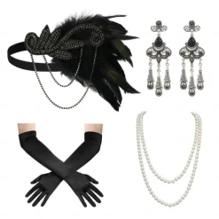 1920s Flapper Headband Feather Accessories Set for Women 4 PCS Roaring 20s Great Gatsby Faux Pearl Necklace Gloves Earrings Masquerade Halloween Carnival