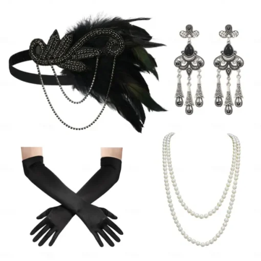 1920s Flapper Headband Feather Accessories Set for Women 4 PCS Roaring 20s Great Gatsby Faux Pearl Necklace Gloves Earrings Masquerade Halloween Carnival