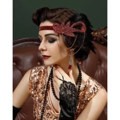 1920s Flapper Headband Feather Accessories Set for Women 4 PCS Roaring 20s Great Gatsby Faux Pearl Necklace Gloves Earrings Masquerade Halloween Carnival