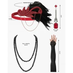 1920s Flapper Headband Feather Accessories Set for Women 4 PCS Roaring 20s Great Gatsby Faux Pearl Necklace Gloves Earrings Masquerade Halloween Carnival