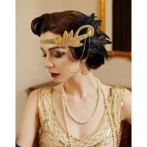 1920s Flapper Headband Feather Accessories Set for Women 4 PCS Roaring 20s Great Gatsby Faux Pearl Necklace Gloves Earrings Masquerade Halloween Carnival