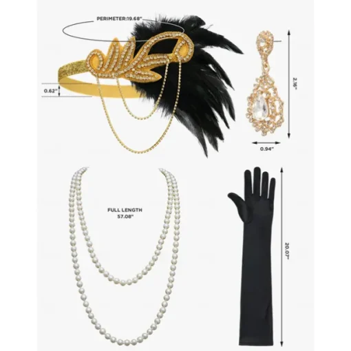 1920s Flapper Headband Feather Accessories Set for Women 4 PCS Roaring 20s Great Gatsby Faux Pearl Necklace Gloves Earrings Masquerade Halloween Carnival
