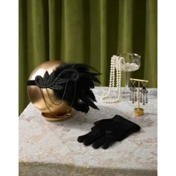 1920s Flapper Headband Feather Accessories Set for Women 4 PCS Roaring 20s Great Gatsby Faux Pearl Necklace Gloves Earrings Masquerade Halloween Carnival