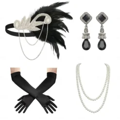 1920s Flapper Headband Feather Accessories Set for Women 4 PCS Roaring 20s Great Gatsby Faux Pearl Necklace Gloves Earrings Masquerade Halloween Carnival