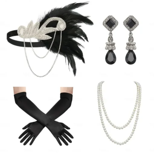 1920s Flapper Headband Feather Accessories Set for Women 4 PCS Roaring 20s Great Gatsby Faux Pearl Necklace Gloves Earrings Masquerade Halloween Carnival